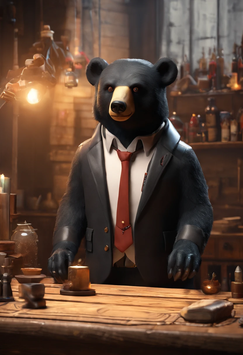 A black bear that has a human form but with a bear head and mafia clothes and has a smokey eye that sits with a moonshine that has a human form but with a moonshine head and mafia clothes and a smokey eye around a wooden table and are in the same room