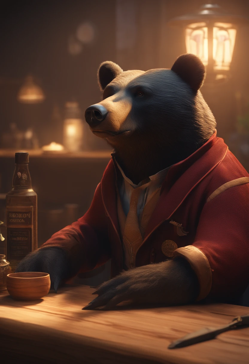 A black bear that has a human form but with a bear head and mafia clothes and has a smokey eye that sits with a moonshine that has a human form but with a moonshine head and mafia clothes and a smokey eye around a wooden table and are in the same room