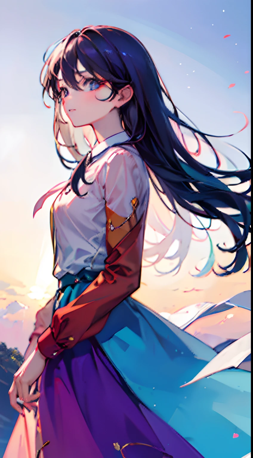 Tenkyuu Chimata, Rainbow, Sky, (best quality,4k,8k,highres,masterpiece:1.2), ultra-detailed, (realistic,photorealistic,photo-realistic:1.37), vibrant colors, soft lighting, ethereal clouds, radiant sunlight, majestic landscape, lush green fields, peaceful atmosphere, sparkling water, distant mountains, dreamlike scenery, a girl standing among the flowers, flowing dress, graceful and delicate movements, joyful expression, long flowing hair, sunlight streaming through her hair, captivating gaze, vibrant rainbow spanning the sky, vivid and saturated colors, soft and pastel tones, breathtaking view, mesmerizing scenery.