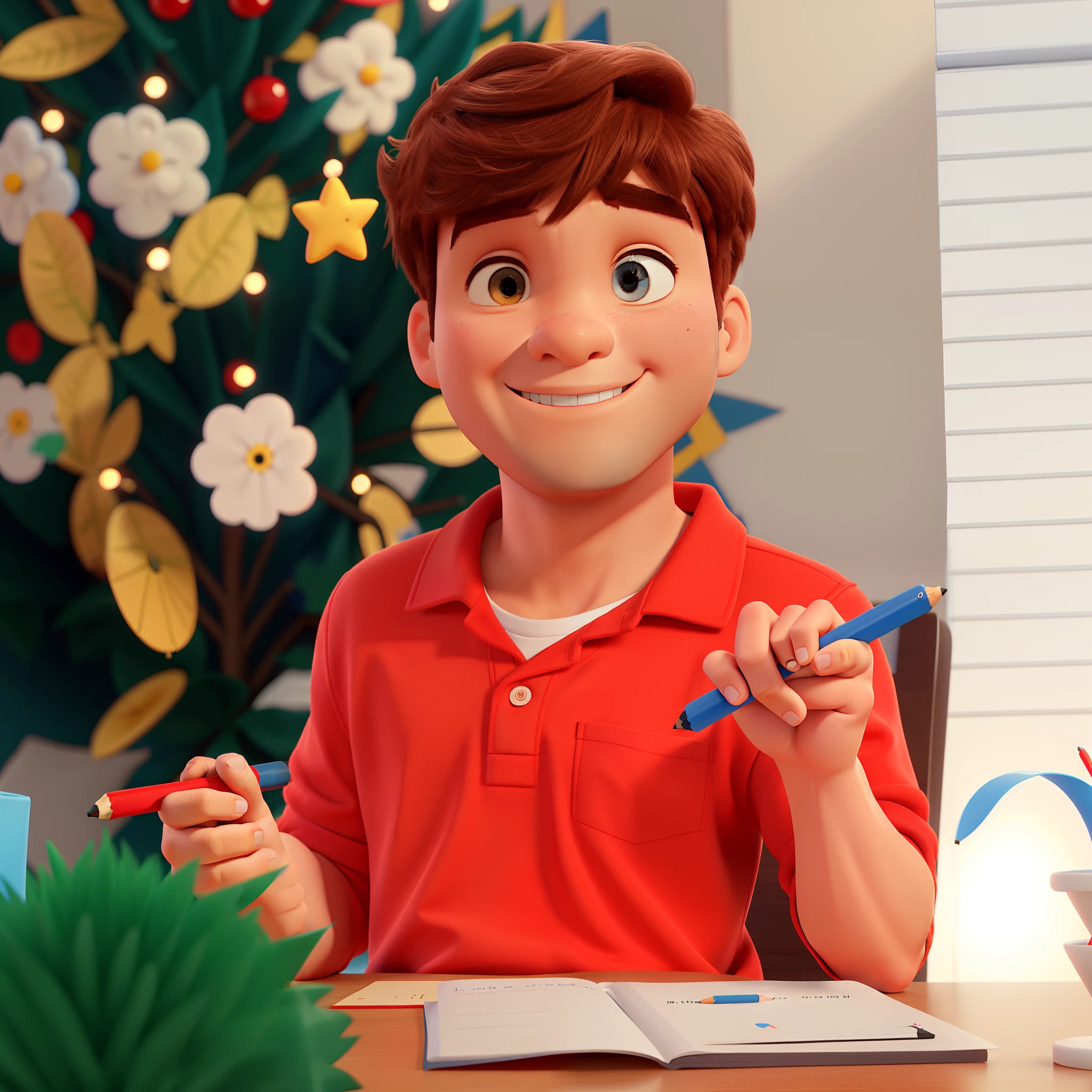 menino estilo disney pixar alta qualidade, Holding red pencil in one hand and blue pencil in the other hand, melhor qualidade, qualidade alta