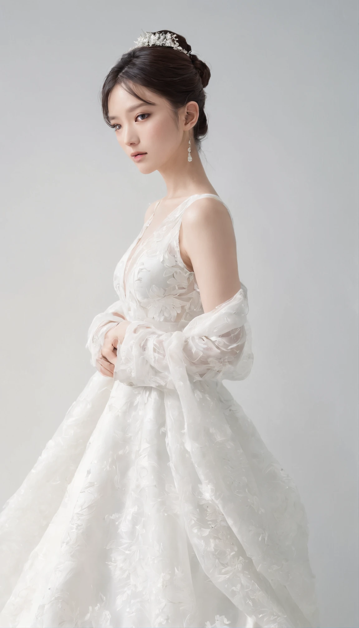 Japan Female, 26 years old。Photo taken alone。wedding photos。Wearing a long wedding dress.、The hairstyle is tight chignon hair with an updo style。No hair ornaments。Full body photo against the background of a white wall。Portrait photo-like composition of full-body pose with hands together below the navel。The eyes are looking down at an angle。More realistic。