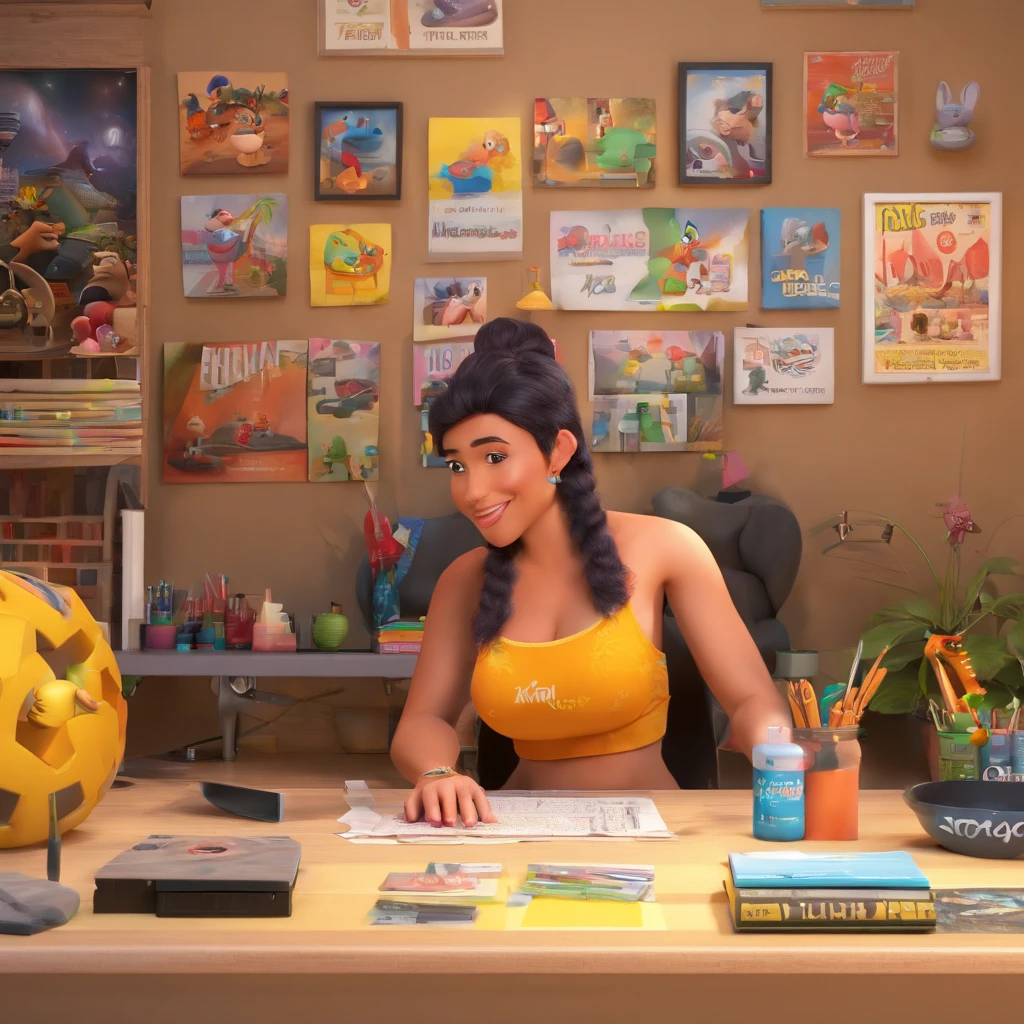 create a 3D movie poster inspired by Disney Pixar, The scene should be in Pixar's signature digital art style, com uma imagem caricatural que lembra a cantora brasileira "Anita" in the prone position, Wearing a bikini while a tattoo artist is sitting tattooing with a giant ring on one hand, inside a tattoo parlor.