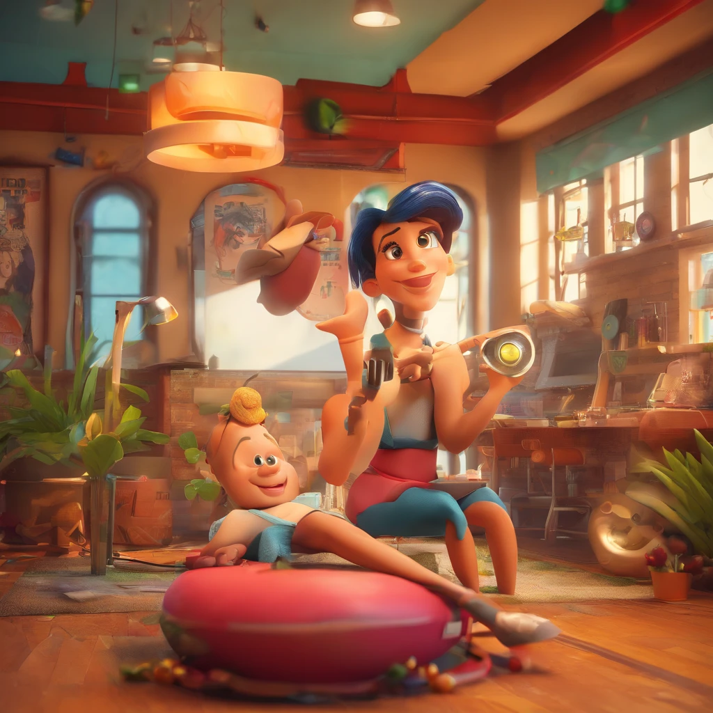 create a 3D movie poster inspired by Disney Pixar, The scene should be in Pixar's signature digital art style, com uma imagem caricatural que lembra a cantora brasileira "Anita" in the prone position, Wearing a bikini while a tattoo artist is sitting tattooing with a giant ring on one hand, inside a tattoo parlor.