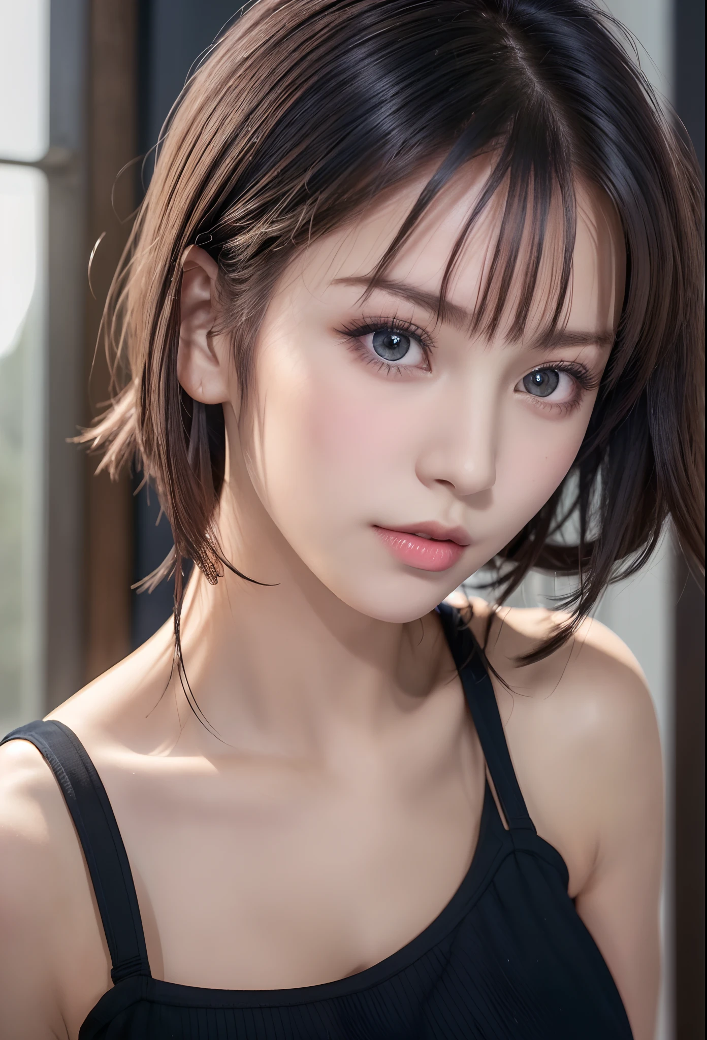 (masutepiece:1.3), (8K, Photorealistic, Raw photo, Best Quality: 1.4), (1girl in), Beautiful face, (Realistic face), (Black hair, Short hair:1.3), bikini of, Beautiful hairstyle, Realistic eyes, Beautiful detailed eyes, (Realistic skin), Beautiful skin, (Navy BL...