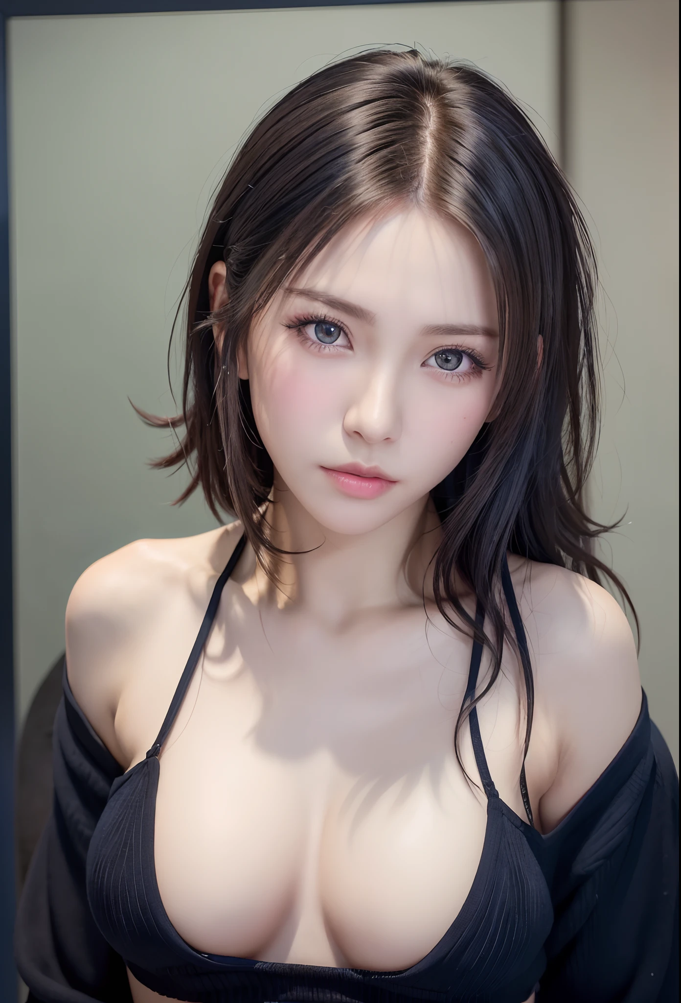 (masutepiece:1.3), (8K, Photorealistic, Raw photo, Best Quality: 1.4), (1girl in), Beautiful face, (Realistic face), (Black hair, Short hair:1.3), bikini of, Beautiful hairstyle, Realistic eyes, Beautiful detailed eyes, (Realistic skin), Beautiful skin, (Navy BL...