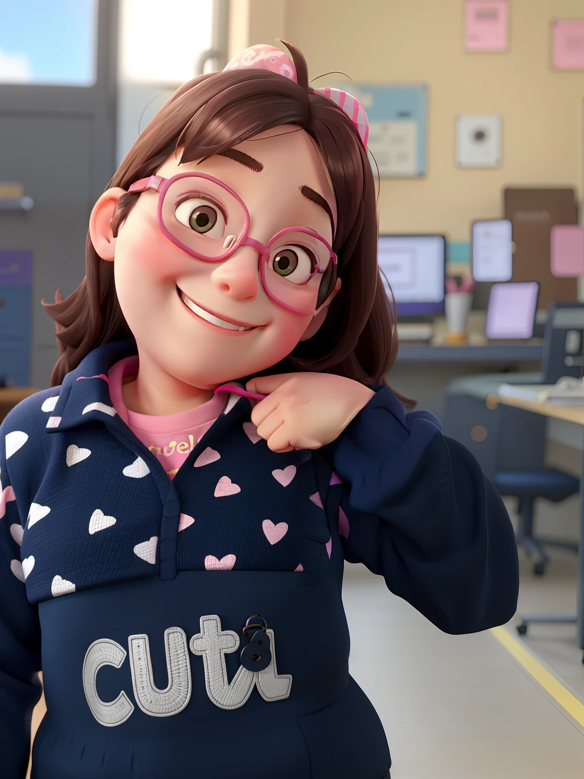 girl wearing pink glasses with a fat face and a smile on her face