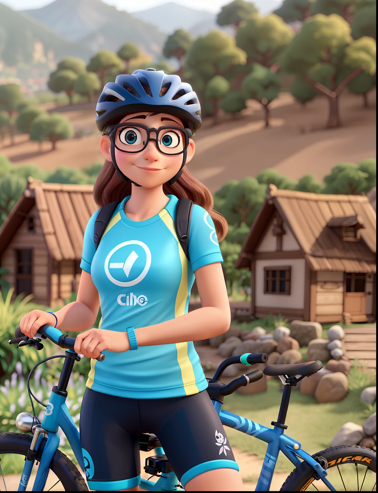 Uma mulher ciclistas de cabelo loiro com trancas e oculos Na bike de mtb estilo disney pexar.