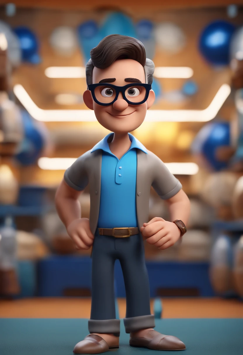 Cartoon character of a man wearing black glasses and a blue shirt, um personagem animado, Caractere estilizado, animation style rendering, 3D estilizado, Arnold Maya render, 3 d render stylized, toon render keyshot, Personagem 3D, Personagem 3D, 3d rendering stylized, 3 d character render, personagem de desenho animado, Personagem de close up, Pose de personagem, (Estilo Pixar) (master part:1.2) (Bokeh) (best quality) (pele detalhada) (textura detalhada) (8k) (argila) (Cinematic lighting) (foco nítido,Senta e vaza a parte superior do corpo