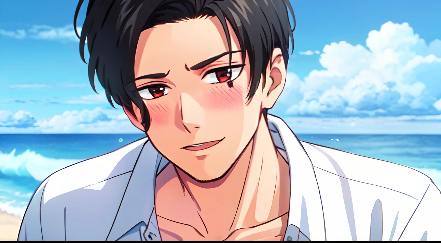 masterpiece, (1Boy), luci, red eyes, black hair, look at viewer, blush, light smile, SHINKAI MAKOTO, (Beach), close up, (blue sky), (white shirt)