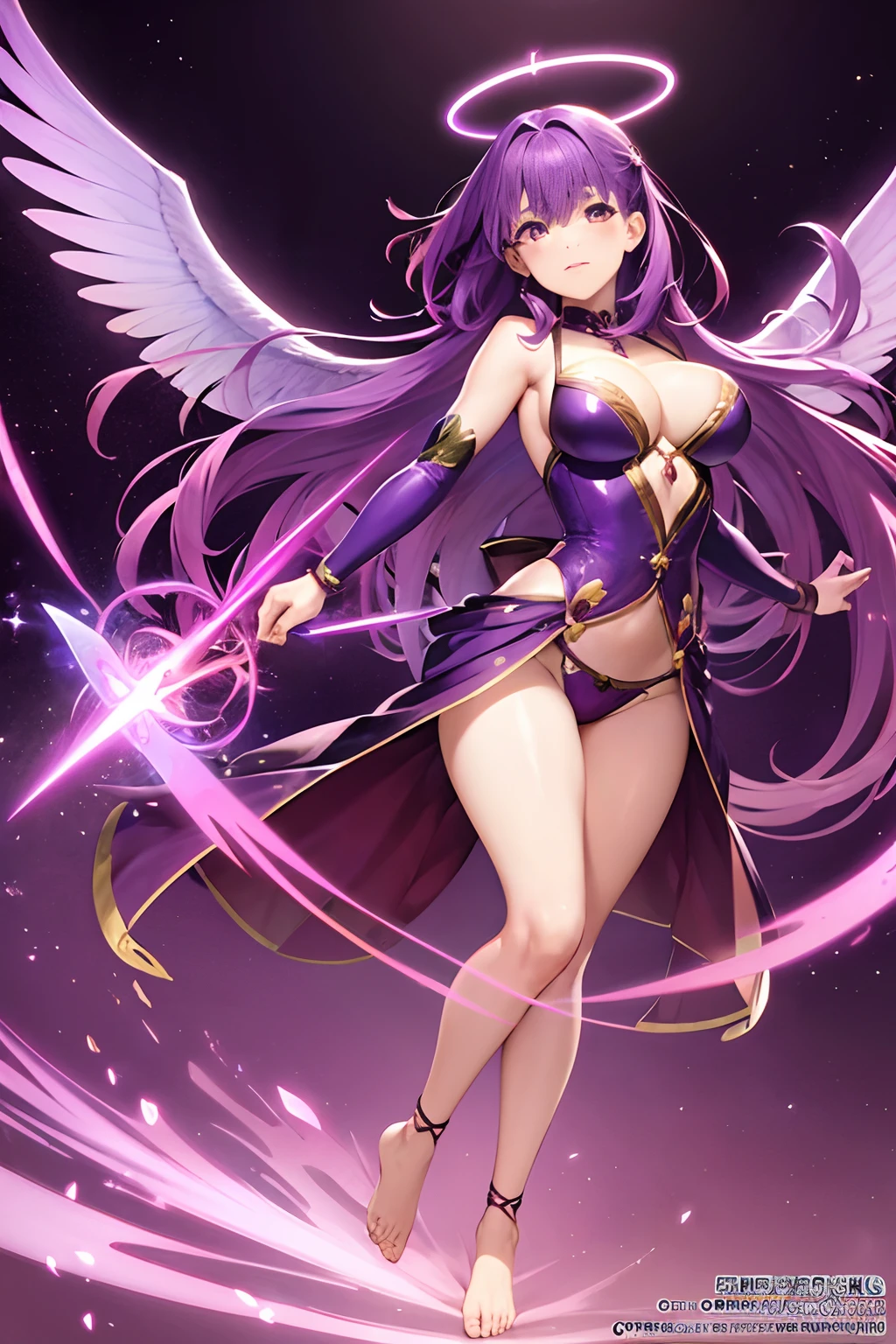 ((Sakura Matou)), (energy wings), magical wings, purple hair, long purple hair, energy dress, half-naked, energy halo, barefoot, official art, unity 8k wallpaper, ultra detailed, beautiful and aesthetic, High quality, beautiful, masterpiece, best quality, detailed face, detailed feet,