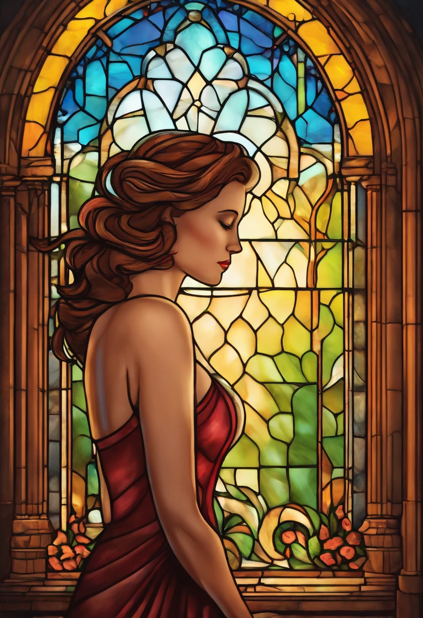 (master part, Qualidade Superior, best quality,Arte Oficial, Beautiful and Aesthetic:1.2),(1girl:1.3), 1girl BREAK art stained glass windows, vidro colorido, linhas de chumbo, BREAK light transmission vibrant colors, projetos intrincados, efeitos luminosos, ambiente espiritual