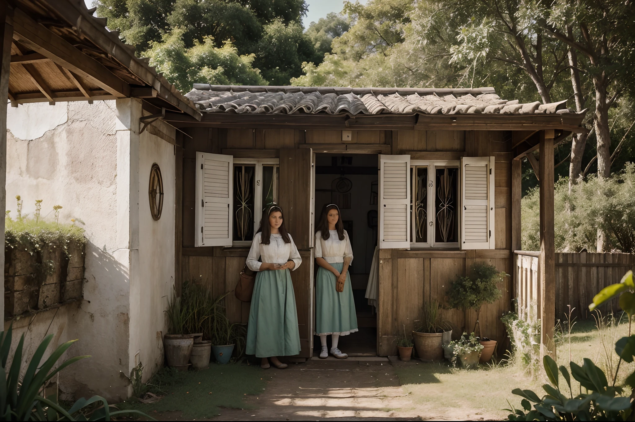 Photograph of a family of people in simple clothes in a small house in a field with a stream running through it, Colouring, foto colorida, Coloration 1 9 0 4 photo, uma foto colorida, fotografia colorida, display super fino, detalhes faciais, Background Coloring, Colouring, foto colorida, foto colorida vintage, hand - Coloring, era vitoriana, Colouring, foto colorida antiga, historic portrait, Victorian era, foto em cores, Fotografia Vitoriana, 8k resolution digital painting, 8k resolution digital painting, Pintura digital 4K, Pintura digital 4k, pintura digital detalhada, baixo detalhamento. pintura digital, Pintura Digital de Alto Detalhe, peaceful landscape, rio, trees and hills, pintura detalhada 4K, pintura digital 4k,  colinas fluidas, Broken planks, musgo, degraus quebrados, Unkempt courtyard, Grama alta, Ervas daninhas,