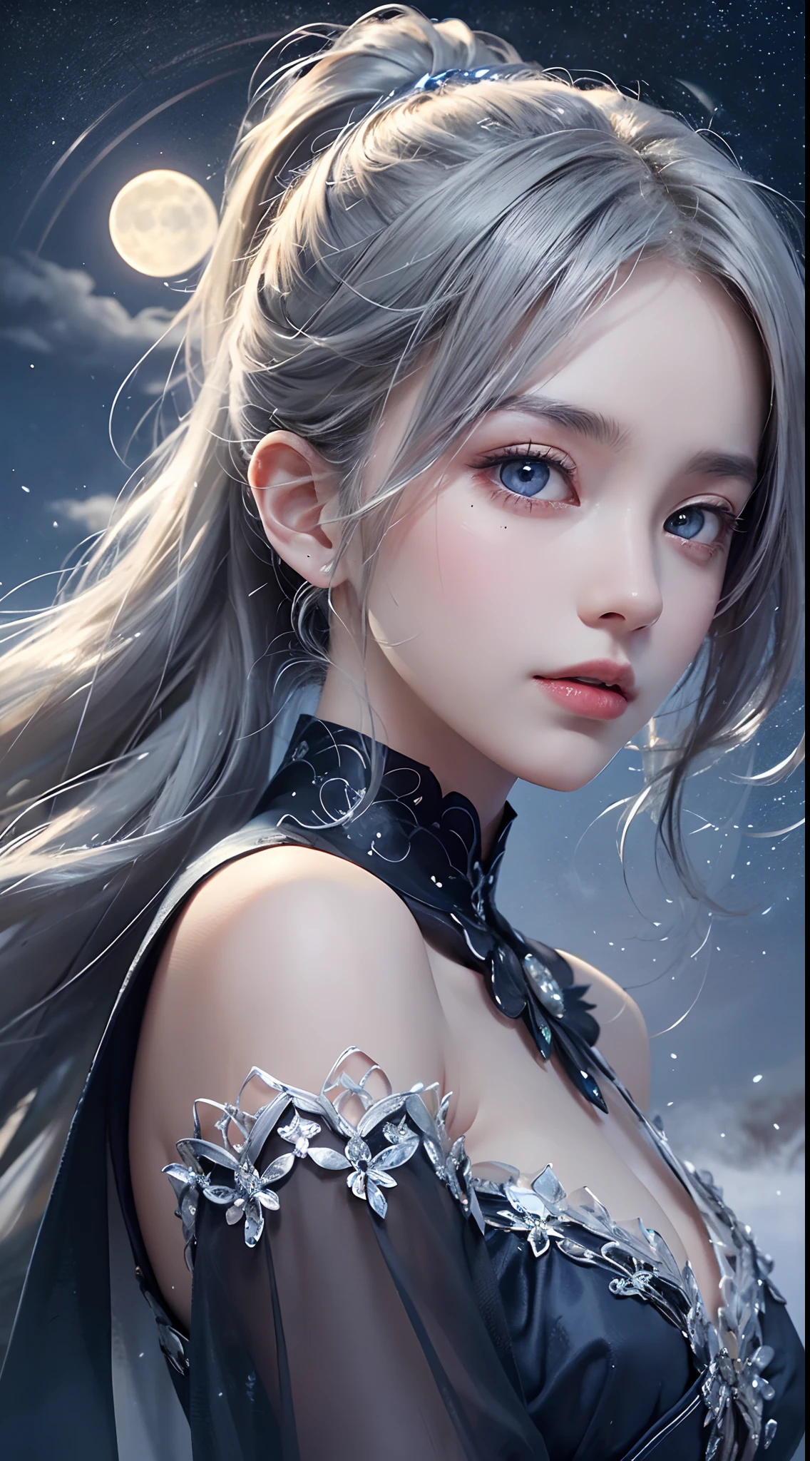 masutepiece, (Best Quality: 1.2), (Super fine: 1.2), Illustration, (Extremely delicate and beautiful: 1.2), Film Angle, floating, (beatiful detailed eyes: 1.1), (Detail light: 1.1), Film Light, Exquisite sky, Woman, White hair, Blue eyes, (High Ponytail: 1.1), cloaks, Glowing eyes, (Moon: 1.2), (Moonlight: 1.1), Starry sky, (light Particle: 1.1), heavy fog , Snow painting, sketching, full bloom