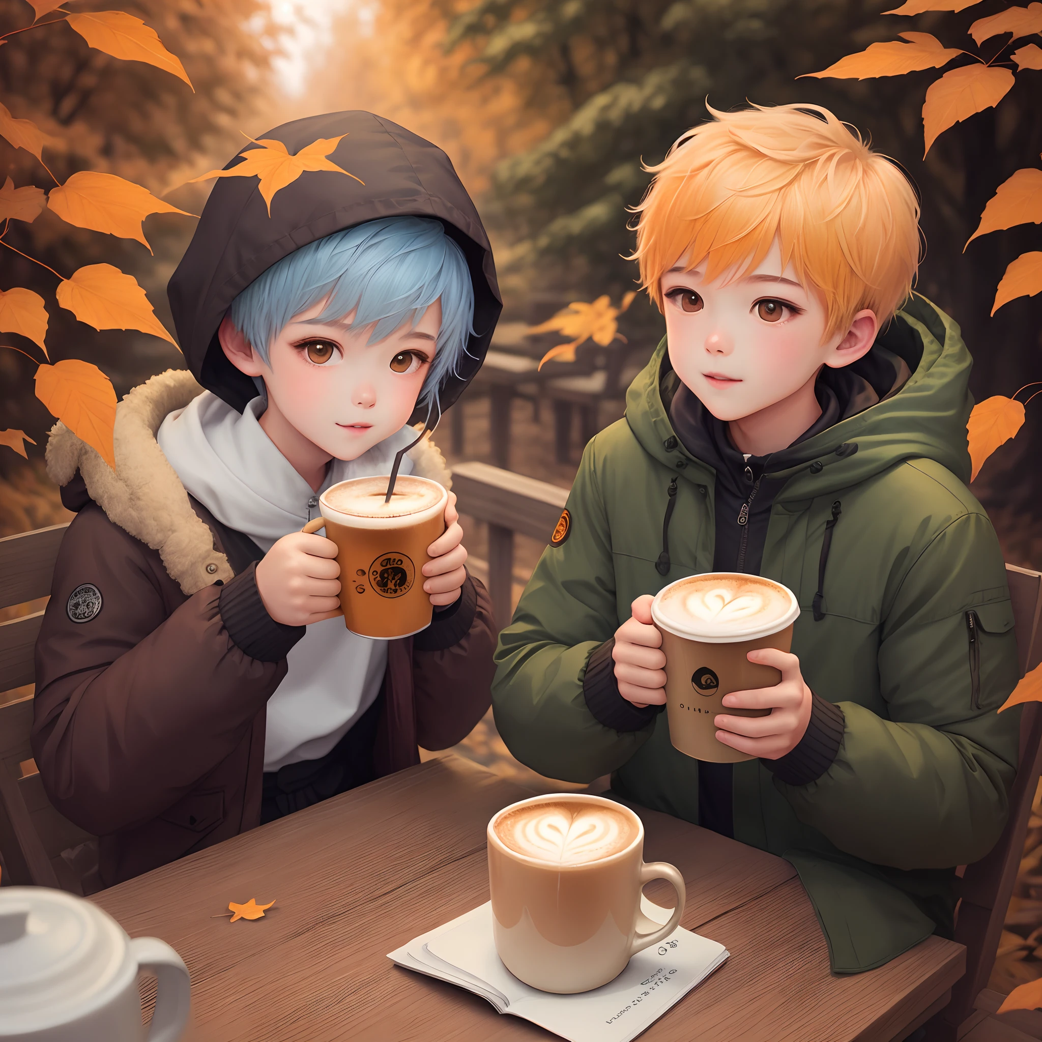 One Boy　parka　short-haired　Center division　Drink hot coffee　illustratio　one girls　Hair color orange　Long　Drink hot coffee　illustratio　Paired Images　Background Autumn Leaves