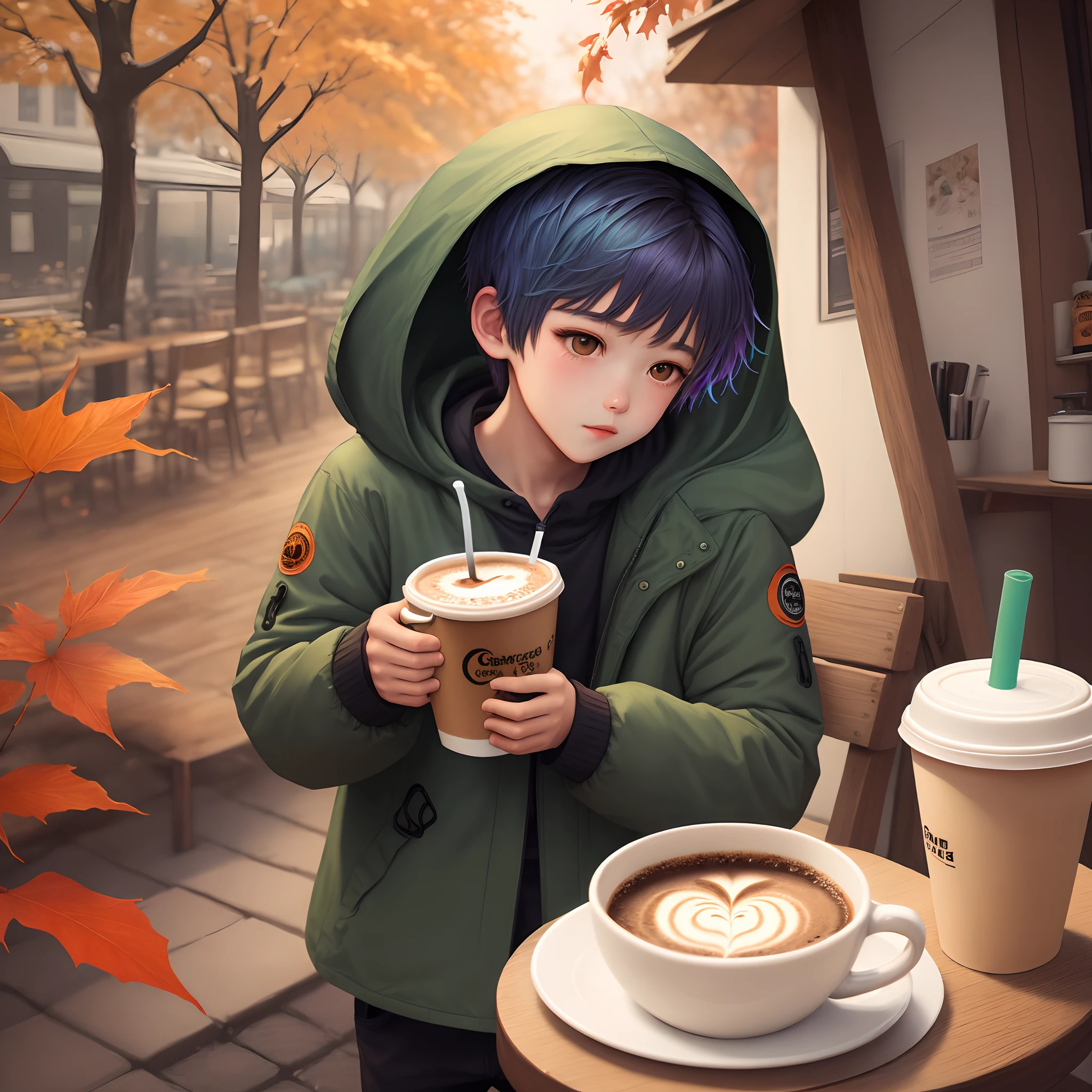 One Boy parka short-haired Center division Drink hot coffee illustratio one girls Hair color orange Long Drink hot coffee illustratio Paired Images Background Autumn Leaves