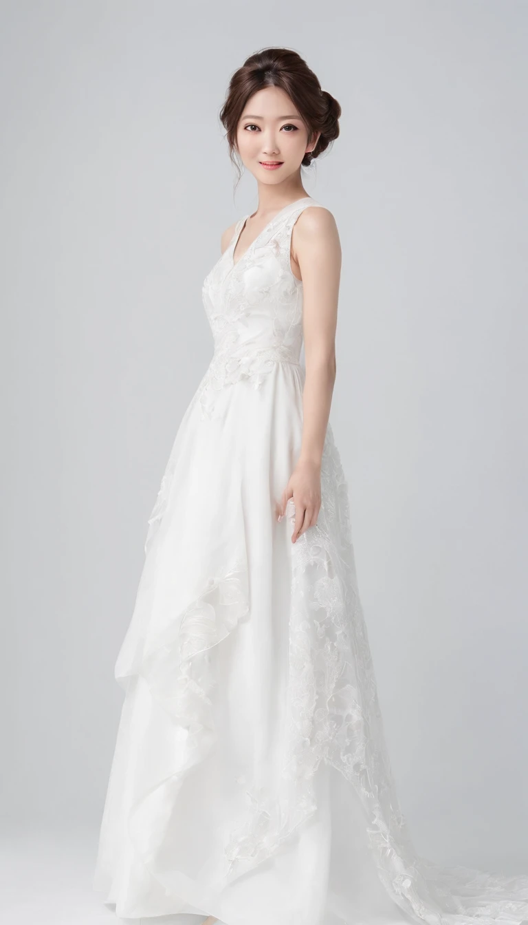 Japan Female, 26 years old。Photo taken alone。wedding photos。Wearing a long wedding dress without sleeves.The hairstyle is upstyled with tight chignon hair。No hair ornaments。Full body photo against the background of a white wall。Portrait-like composition of a full-body pose with both hands together below the navel。The eyes are smiling, looking down diagonally。More realistic。