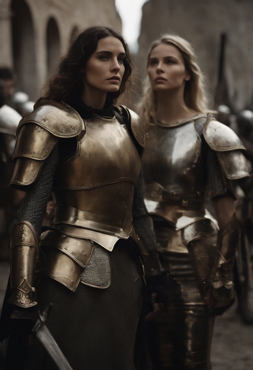 There are two women in armor next to each other, VFX surreal altamente detalhado, inspirado em Peter Lindbergh, cores dessaturadas e silenciadas, inspirado em Nikola Avramov, Clockpunk, rostos detalhados e bonitos, Directed by: Steven James Petruccio, Prometeu (2012)