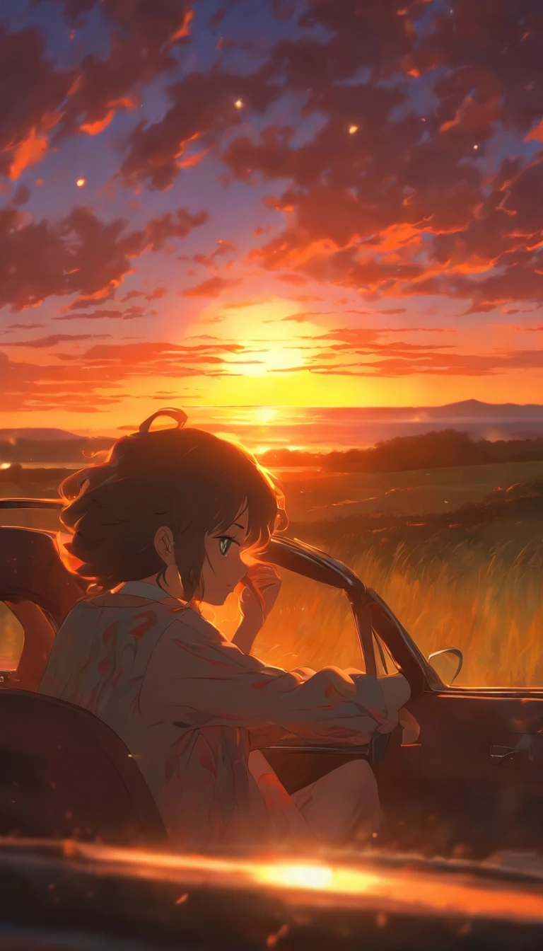 A fantastic landscape painting showing a woman driving at dusk. The woman's expression is nondescript and the painting depicts her driving. The sun is setting around her and the sky is tinted with beautiful colors. Through the window of the woman's car, we can see a landscape, and the wind is blowing her hair. The woman's expression conveys some memories and sad feelings. This work expresses the sadness and fantastic scenery of sunset.