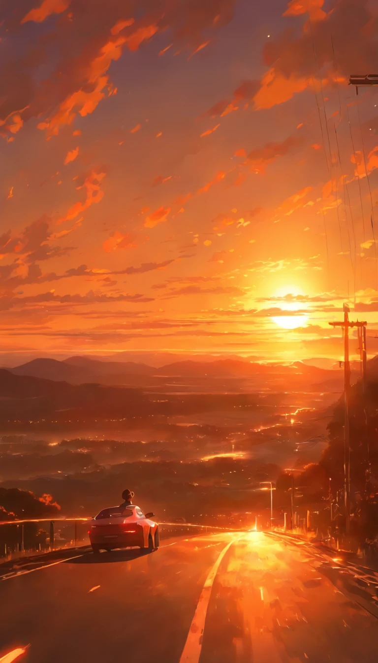 A fantastic landscape painting showing a woman driving at dusk. The woman's expression is nondescript and the painting depicts her driving. The sun is setting around her and the sky is tinted with beautiful colors. Through the window of the woman's car, we can see a landscape, and the wind is blowing her hair. The woman's expression conveys some memories and sad feelings. This work expresses the sadness and fantastic scenery of sunset.