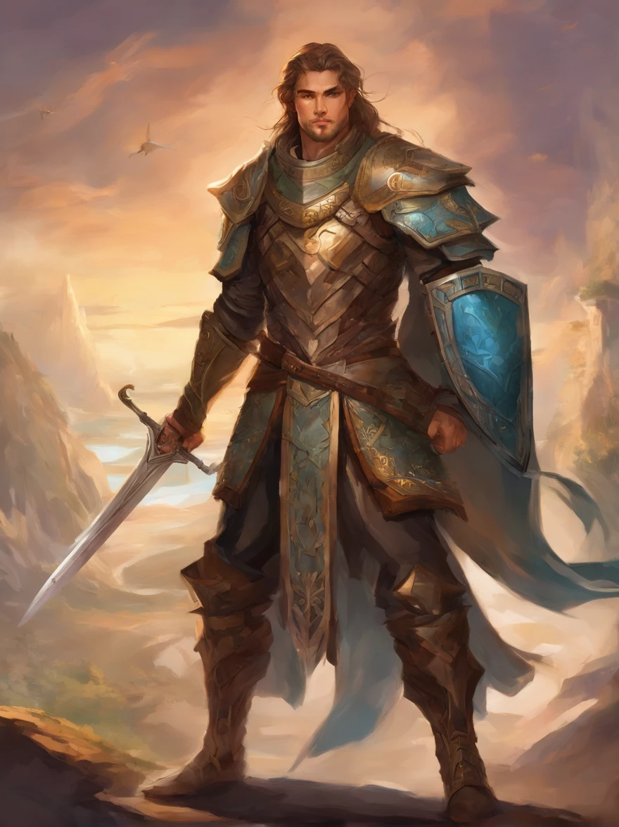 uero criar um shadar-kai, masculino, olhos pretos e sem pupila, pale white skin color, cabelos preto e curto com degrade, He wears armor and has a two-handed sword, has features on his face, very virile, of Italian descent, estilo RPG de fantiasia medieval