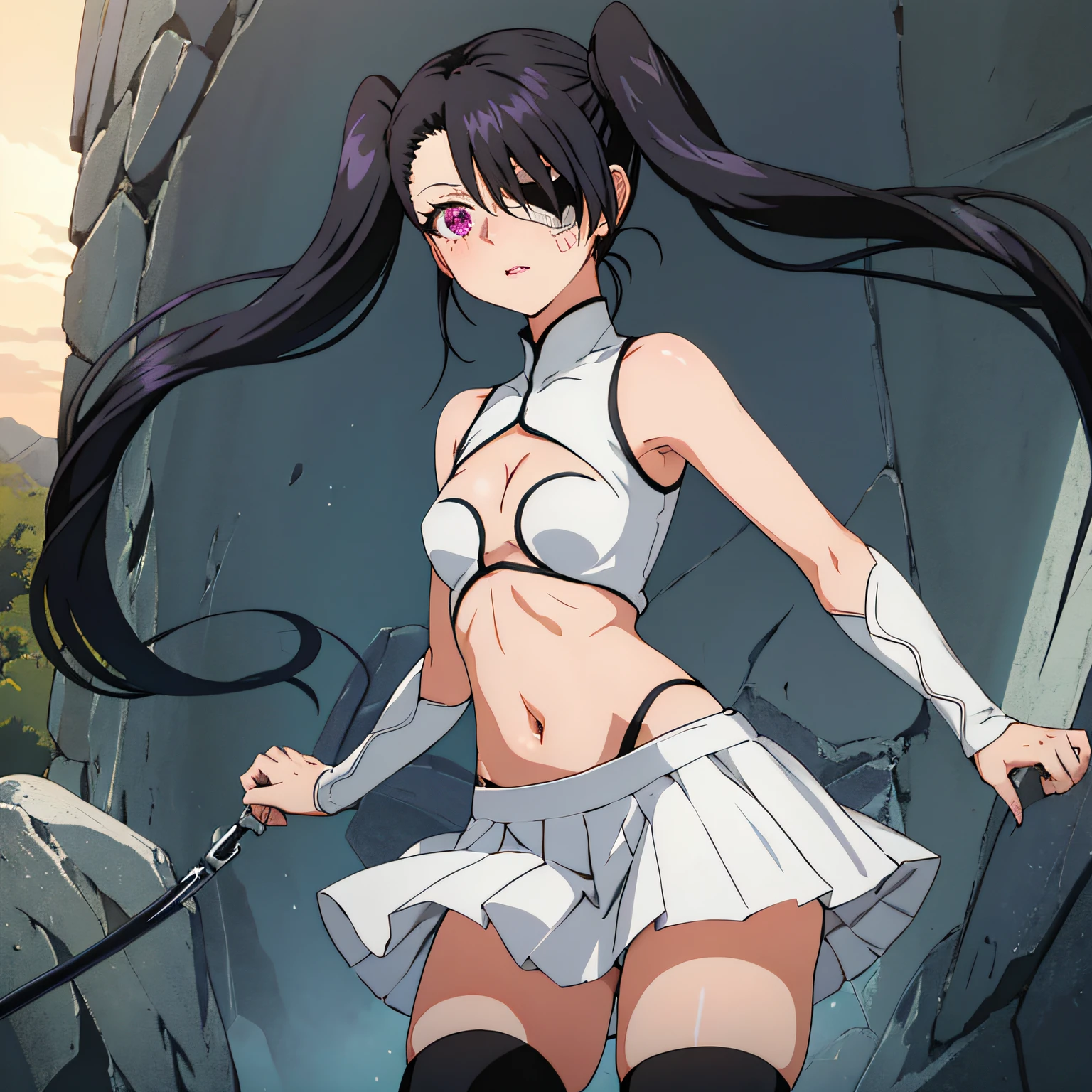 outdoor,desert,high quality,Masterpeace,Loly_Aivirrne, 1girl, solo, long hair, white miniskirt, black hair, black thigh boots, navel, twintails, flat chest, pleated skirt, zettai ryouiki, eyepatch, center opening, midriff, cleavage, clothing cutout, purple eyes, LIPS, PERFECT FACE, BLUSH