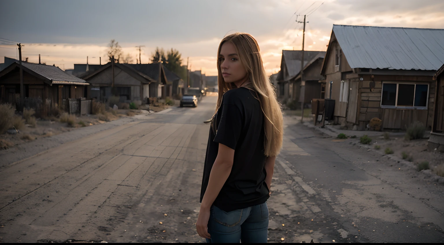Blonde long haired woman, Rear view standing in front of an empty village, Nevada, Small towns, View of the street, wide shot, full shot, natta, a photo of, murky, dark lighting, dismal, realistic detailed, a photo of, Black T-shirt, JINS,