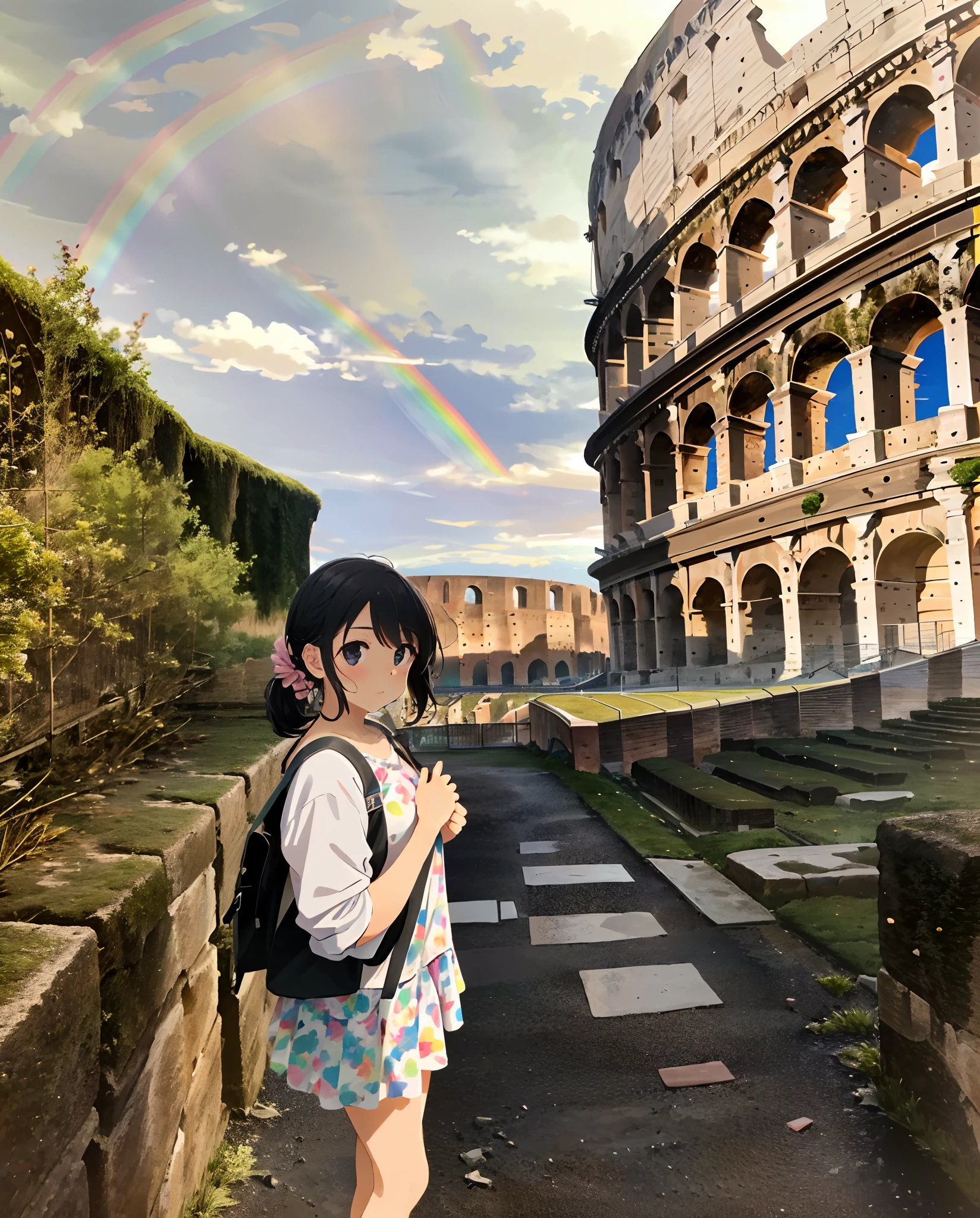 arafed woman standing in front of a rainbow in the sky, all roads lead to rome, rainbows in the background, in the colosseum, colosseo, in a coliseum, colosseum, in a city with a rich history, rome in background, rome backdrop, photo taken in 2 0 2 0, coliseum of rome, 🤬 🤮 💕 🎀