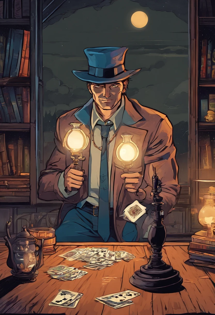 (best quality, highres:1.2), ultra-detailed, (realistic:1.37), a moon with a human form and a moon head, dressed in mafia clothes, sits around a wooden table. The moon's face has a smokey eye makeup. The table is made of polished wood and there is a dimly lit lamp on top. The moon's face is illuminated by the warm light from the lamp, casting soft shadows on its features. The moon's expression is mysterious and intriguing, with a hint of mischief. The wooden table is adorned with a deck of cards, a glass of whiskey, and a lit cigarette, adding to the noir atmosphere. The moon's eyes are piercing and captivating, drawing you into its compelling gaze. The moon's attire consists of a sharp black suit, complete with a matching fedora hat, further emphasizing its mafia persona. The room is filled with a haze of smoke, creating an aura of intrigue and secrecy. The overall color palette is dark and moody, with deep shades of blue and purple, evoking a sense of mystery and nighttime ambiance. The lighting is low-key and dramatic, enhancing the shadows and highlights on the moon's face and clothing. The moon's head is proportionate to its human form, featuring craters and textures reminiscent of a real moon.