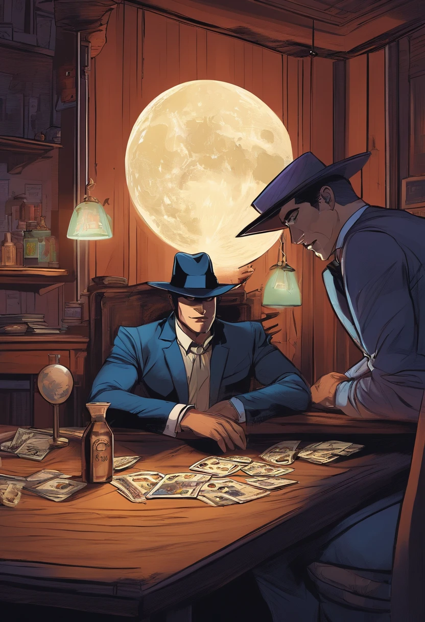 (best quality, highres:1.2), ultra-detailed, (realistic:1.37), a moon with a human form and a moon head, dressed in mafia clothes, sits around a wooden table. The moon's face has a smokey eye makeup. The table is made of polished wood and there is a dimly lit lamp on top. The moon's face is illuminated by the warm light from the lamp, casting soft shadows on its features. The moon's expression is mysterious and intriguing, with a hint of mischief. The wooden table is adorned with a deck of cards, a glass of whiskey, and a lit cigarette, adding to the noir atmosphere. The moon's eyes are piercing and captivating, drawing you into its compelling gaze. The moon's attire consists of a sharp black suit, complete with a matching fedora hat, further emphasizing its mafia persona. The room is filled with a haze of smoke, creating an aura of intrigue and secrecy. The overall color palette is dark and moody, with deep shades of blue and purple, evoking a sense of mystery and nighttime ambiance. The lighting is low-key and dramatic, enhancing the shadows and highlights on the moon's face and clothing. The moon's head is proportionate to its human form, featuring craters and textures reminiscent of a real moon.