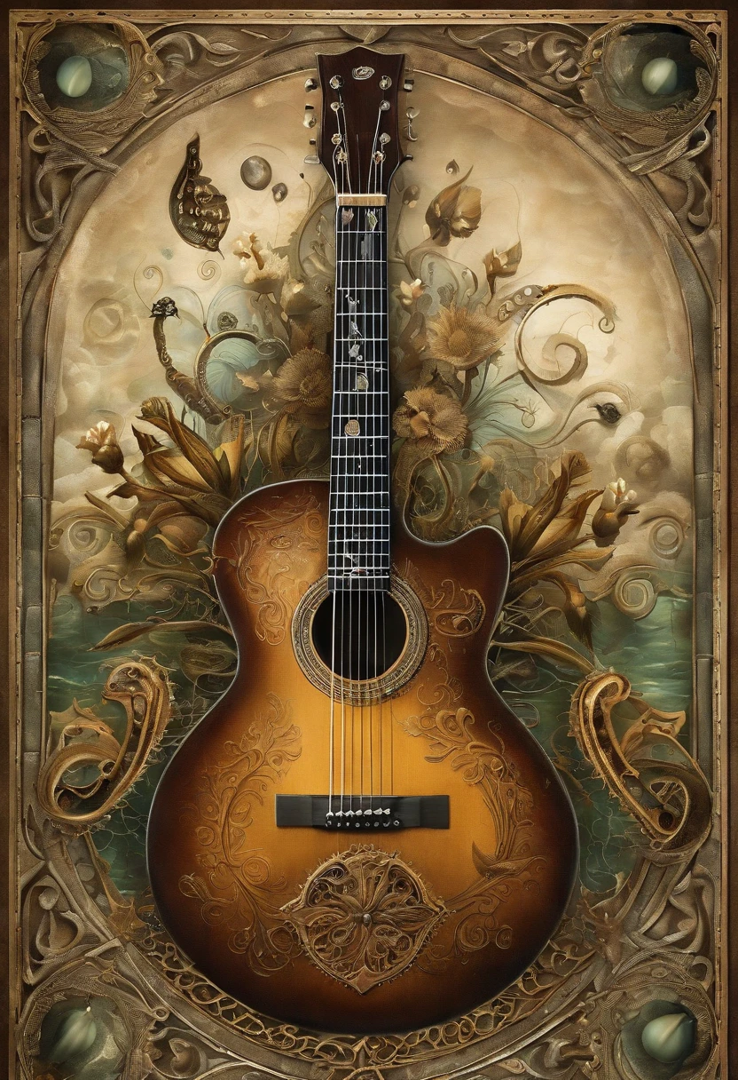 {{A mesmerizing depiction of an electric guitar}} submerged underwater, com bolhas subindo ao seu redor. This is an underwater image inspired by fantasy that shows the beauty of the guitar in an unusual setting. Meio Ambiente/Background should be an underwater world with colorful coral reefs to create a dreamy and surreal atmosphere. A imagem deve ser no estilo de uma pintura digital, incorporating elements of underwater fantasy art. O tiro em close-up, capturado com uma lente macro, will provide an intimate and enchanting insight into the intricate details of the guitar and underwater flora. Lighting should be ethereal, emphasizing the play of light through water and guitar design. The desired level of detail is high with a high resolution, highlighting the supernatural qualities of the guitar. The goal is to create a captivating image that transports viewers to an enchanting underwater realm