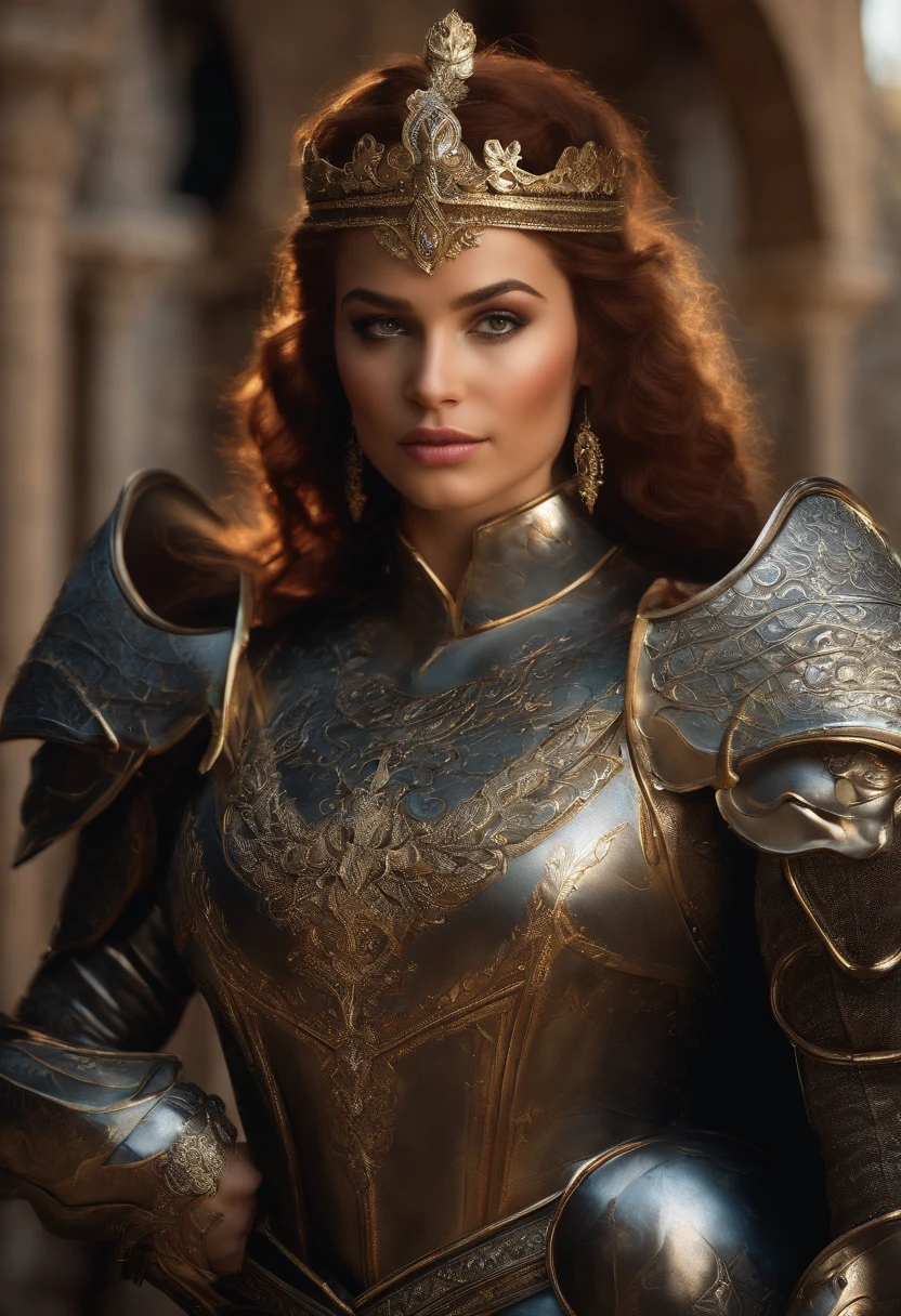 Royal Knights,Gorgeous heavy armor wraps the whole body,Point the Knight's Sword to the sky,sportrait,closeup cleavage,Solemn,flatchest,modest,humble,Cinematic, hdr, primitive, Intricate, High quality, Gorgeous shades, Intricate details, super-fine,oc rendered