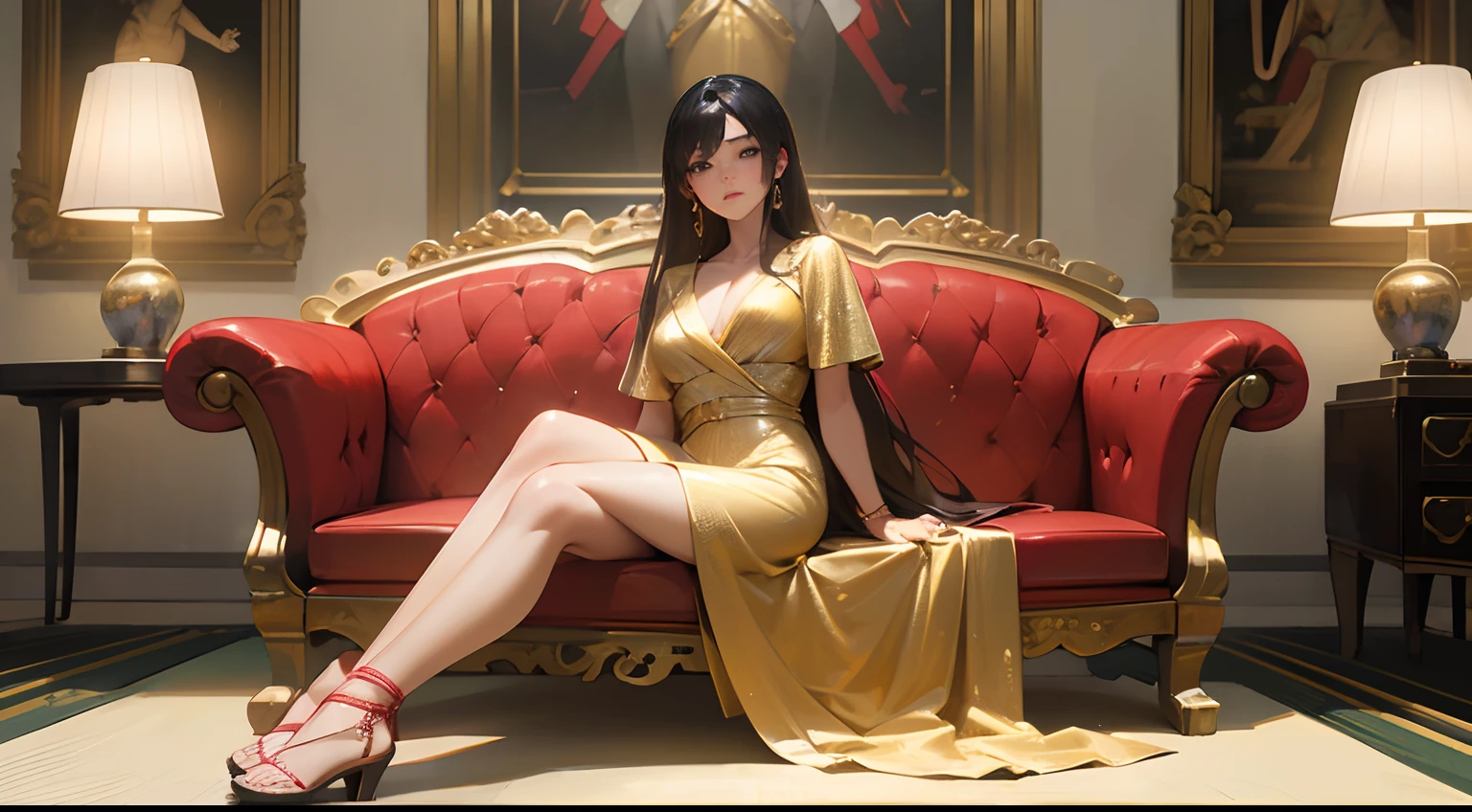 make an ultra realistic image of a young girl with the face of actress Grace Park from Hawaii 5.0 ,vestida apenas com cordas de shibari, Wearing high-heeled sandals , Sitting on a golden couch, com os cabelos soltos, and a richly gilded room detailed in the style of the Palace of Versailles