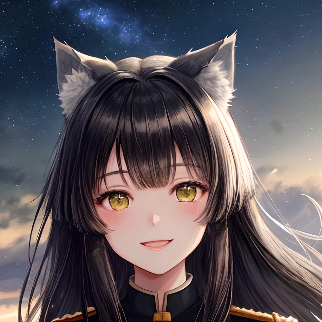 Wolf Girl, One, is looking at the camera, head slightly tilted, Black hair blowing in the wind, Smiling, Green eyes are slightly squinted, Wolf black ears with white fur inside, Modern Military Uniform, Starry sky in the background