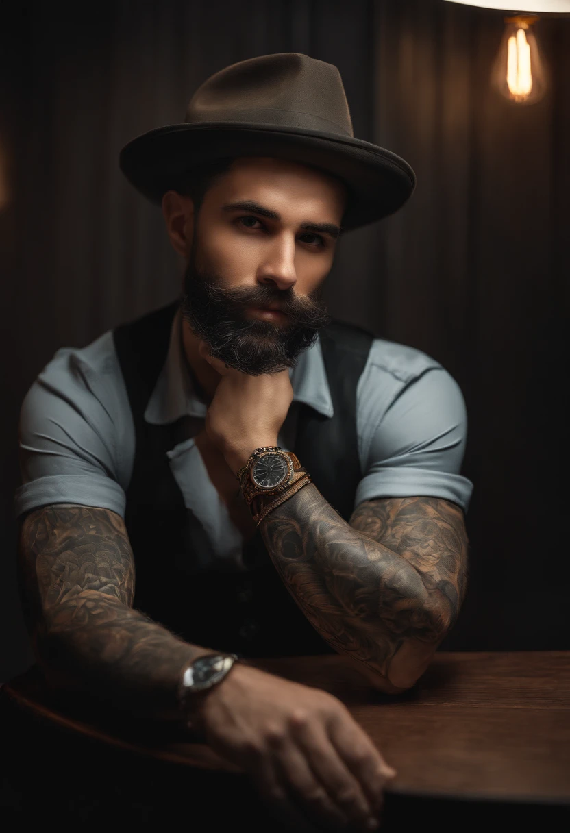 '(best quality,4k,8k,highres,masterpiece:1.2),ultra-detailed,realistic,portrait,photography,a man sitting at a table with a tattoo on his arm,beard,thin nose,greenish brown eyes,black hair,stylish clothing,adjustable focus,studio lighting,vivid colors'