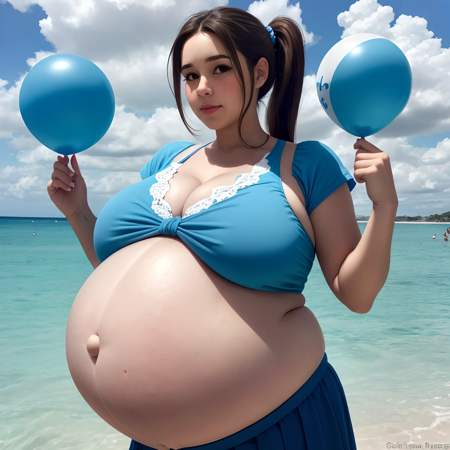 pigtails hairstyle, brown hair,Big Baby Bump pregnant,blue bra and skirt l, Big boobs, nipple, cum,16 years girl, Big pregnant Belly, Big Pregnant girl, Largest Belly of Pregnant, Huge Pregnancy Belly, huge 9 months Pregnancy Belly, background beach, big blue balloons