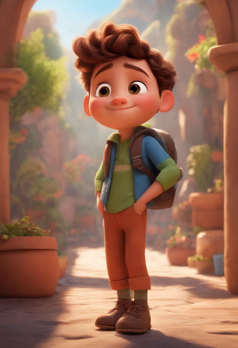 Image of a boy for a story in a YouTube video in Pixar format, He's the  allabester, He's the class leader, He's outgoing, Playful and gets up for a lot of things, roupa de sheik, olhos cor mel, arabic, moreno claro