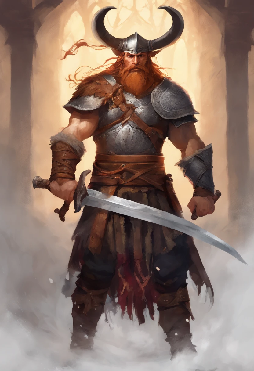 Homem viking alto, armadura detalhada, couro velho gravado Cuirass, projetos intrincados no Cuirass, intrincadas gravuras de Cuirass, postura imponente e poderosa, fierce expression, Red wild mane braided hair and beard, dynamic pose, Intensa cena de batalha, fantasy scenery, cores vibrantes, dramatic lighting, epic atmosphere, Mythical creatures in the background, Espada e escudo viking, attention to facial anatomy and features, Iconic use of highlights and shadows, Capturing emotion, masterful composition