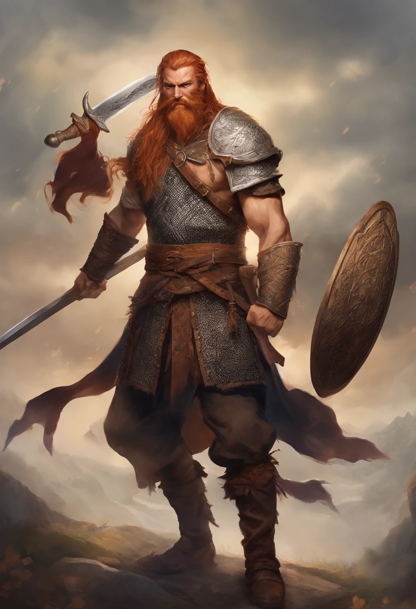 Homem viking alto, armadura detalhada, couro velho gravado Cuirass, projetos intrincados no Cuirass, intrincadas gravuras de Cuirass, postura imponente e poderosa, fierce expression, Red wild mane braided hair and beard, dynamic pose, Intensa cena de batalha, fantasy scenery, cores vibrantes, dramatic lighting, epic atmosphere, Mythical creatures in the background, Espada e escudo viking, attention to facial anatomy and features, Iconic use of highlights and shadows, Capturing emotion, masterful composition