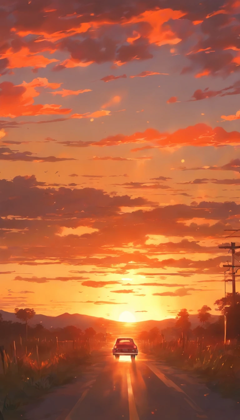 A fantastic landscape painting showing a woman driving at dusk. The woman's expression is nondescript and the painting depicts her driving. The sun is setting around her and the sky is tinted with beautiful colors. Through the window of the woman's car, we can see a landscape, and the wind is blowing her hair. The woman's expression conveys some memories and sad feelings. This work expresses the sadness and fantastic scenery of sunset.