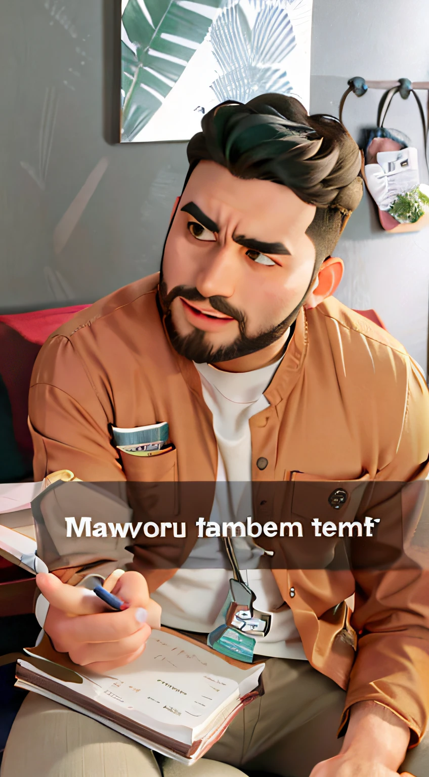 Menino com barba, Brown hair and eyes wearing an earthy-colored button-down t-shirt and a white t-shirt and beige pants with an agenda on their lap
