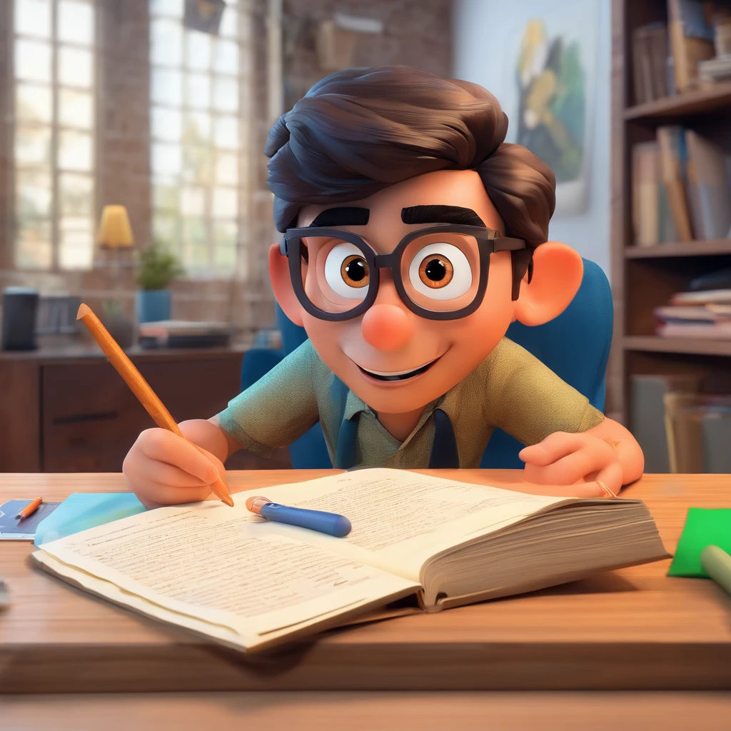 Crie um cartaz inspirado na Disney Pixar com o personagem sendo um advogado, A young man wearing glasses, moreno, magro, cabelos muito curto, In an office with law books on the desk and papers