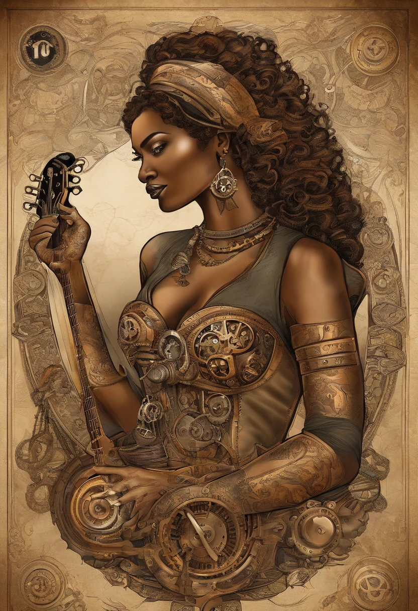 mulher africana, tatuada, playing the guitar, rio, montanhas