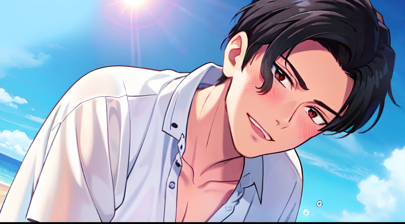 masterpiece, (1Boy), luci, red eyes, black hair, look at viewer, blush, light smile, SHINKAI MAKOTO, (Beach), close up, (blue sky), (white shirt)