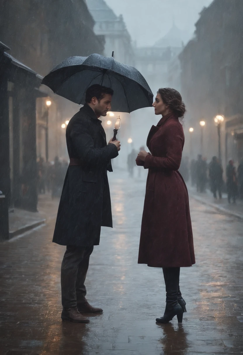 A couple of people standing in the rain in the rain, filme de fantasia de romance, cinematic romantic magician, capa de romance, oil on the canvas. cinemactic, Charlie Bowater e Tom Bagshaw, double exposure of love, Yuri Shwedoff e Tom Bagshaw, estilo de capa de livro de romance, beautiful cinematic poster, Chovendo, Charlie Bowater e Artgeem, cinematic realistic portrait