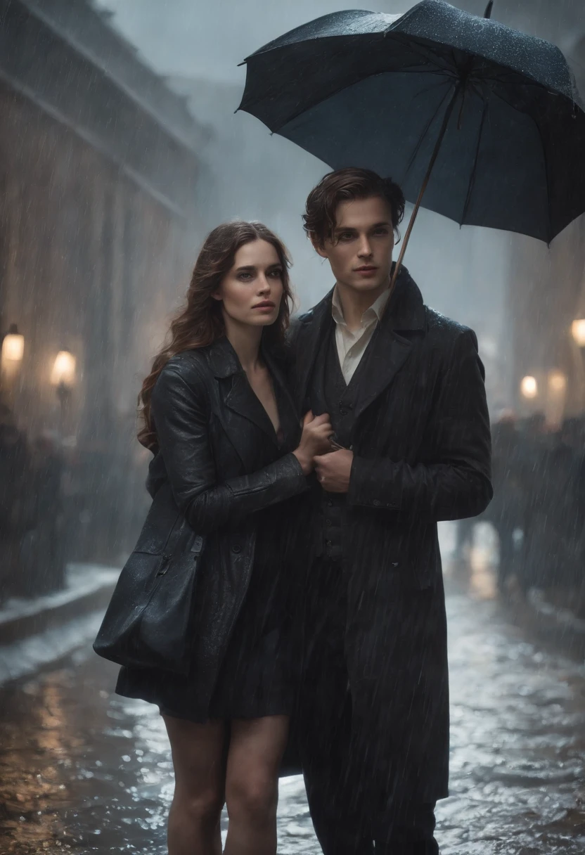 A couple of people standing in the rain in the rain, filme de fantasia de romance, cinematic romantic magician, capa de romance, oil on the canvas. cinemactic, Charlie Bowater e Tom Bagshaw, double exposure of love, Yuri Shwedoff e Tom Bagshaw, estilo de capa de livro de romance, beautiful cinematic poster, Chovendo, Charlie Bowater e Artgeem, cinematic realistic portrait
