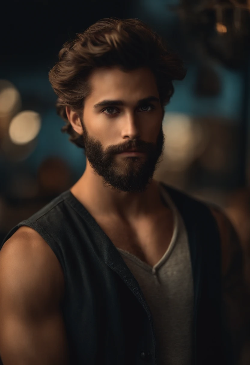 Crie a imagem de um homem, modelo Disney/pixar, com 23 anos, com barba e cabelo preto cortado estilo social