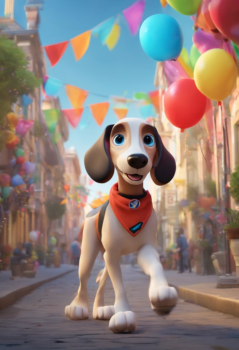 Poster 3D inspirado na Disney/Pixar, uma cena com uma cachorra whippet branca malhada, Happy running after colorful balloons on the street, signs with the name BLACK and a girl with shoulder-length curly black hair with open arms smiling and happy in jeans, Black sneakers and gray shirt with blue glasses