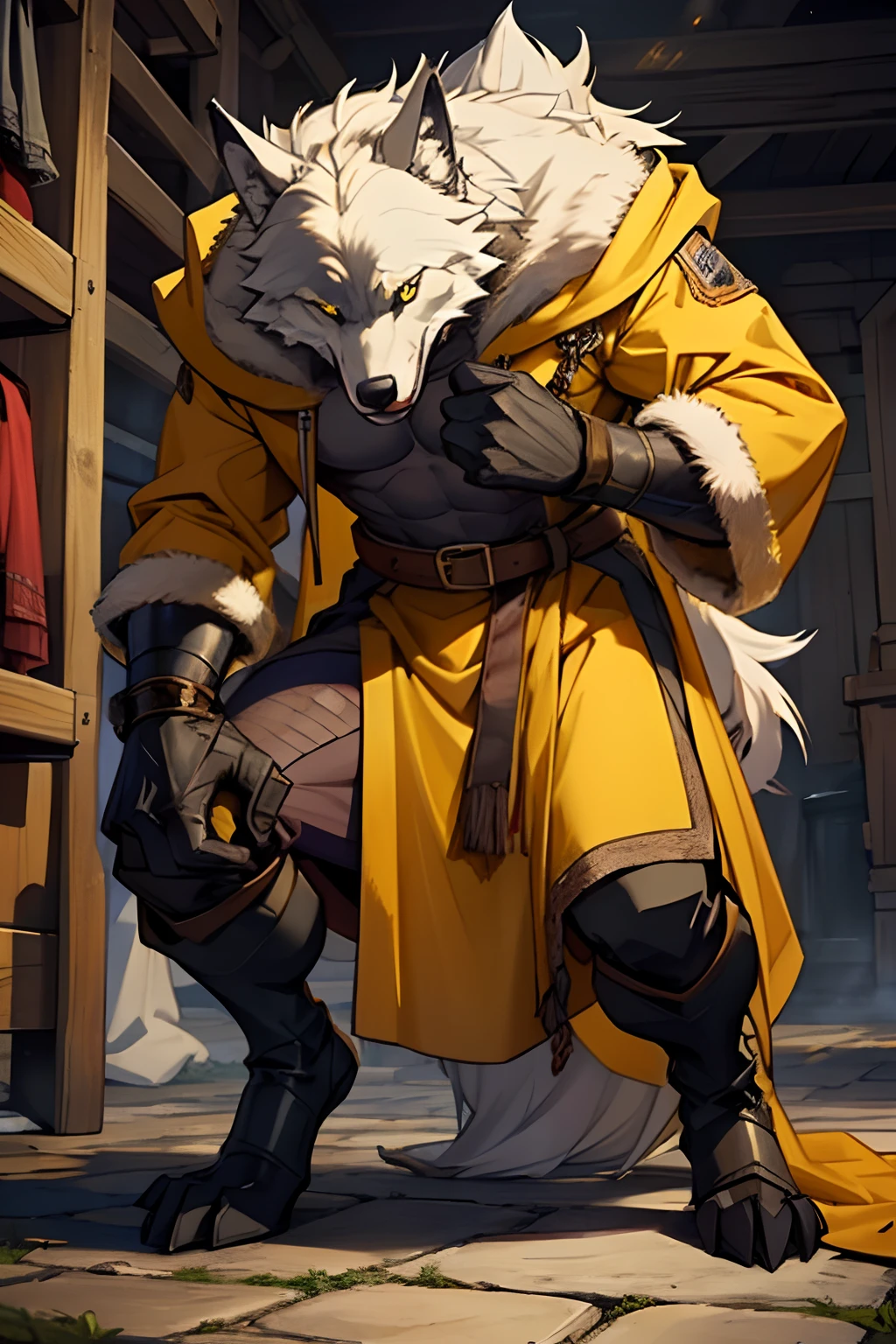 The wolf's yellow fur, werewolf, Yellowcoat, Yellow skin, Werlwulf, all covered with wool, dressless, Medieval times, wolf, Wolf on two legs, Humanoid Wolf, covered only with hair and no clothes.