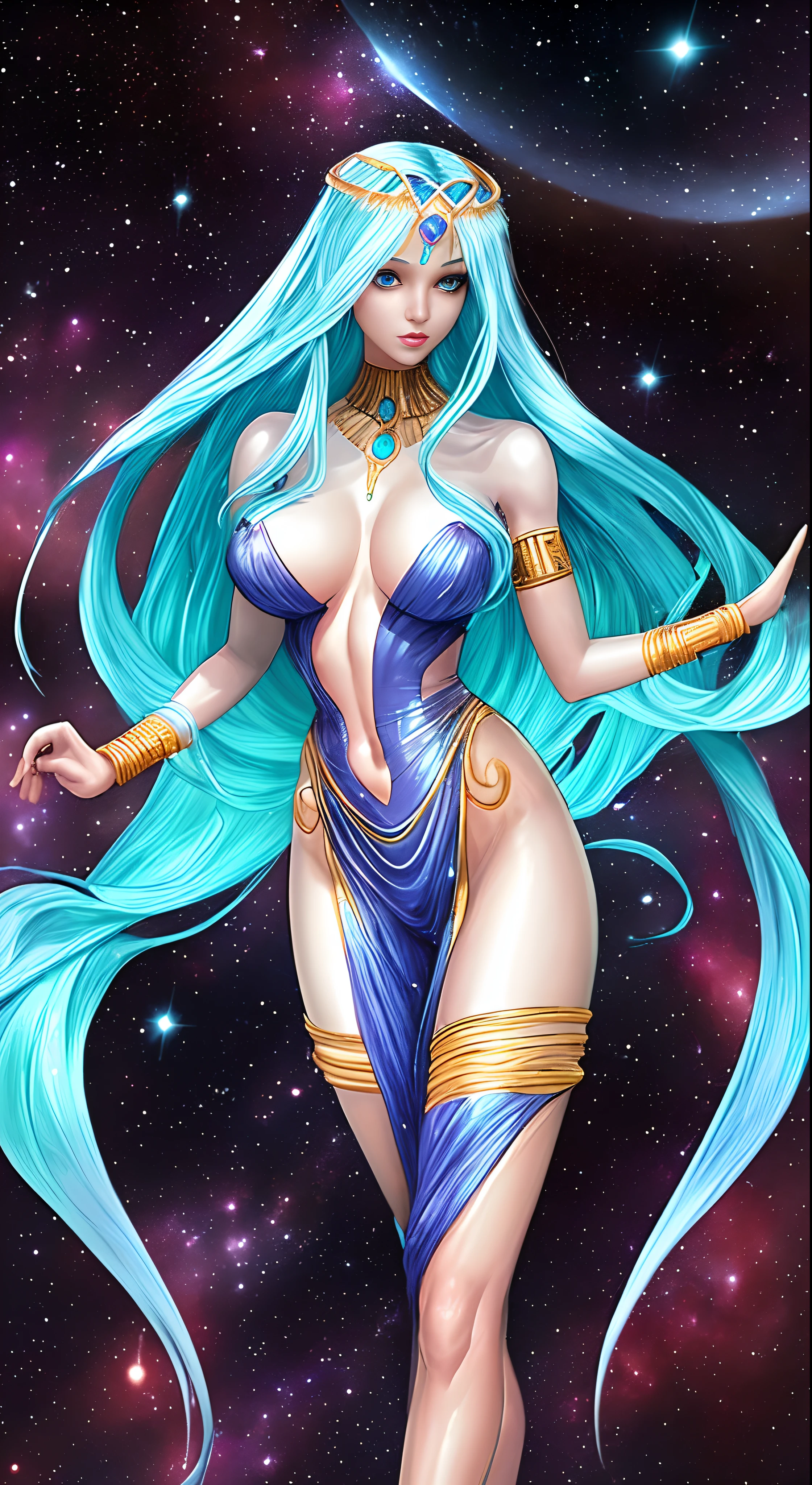A beautiful and sexy female cosmic entity who has a very sexy body like Dr. Manhattan with several galaxies running through her body using Cleopatra outfit