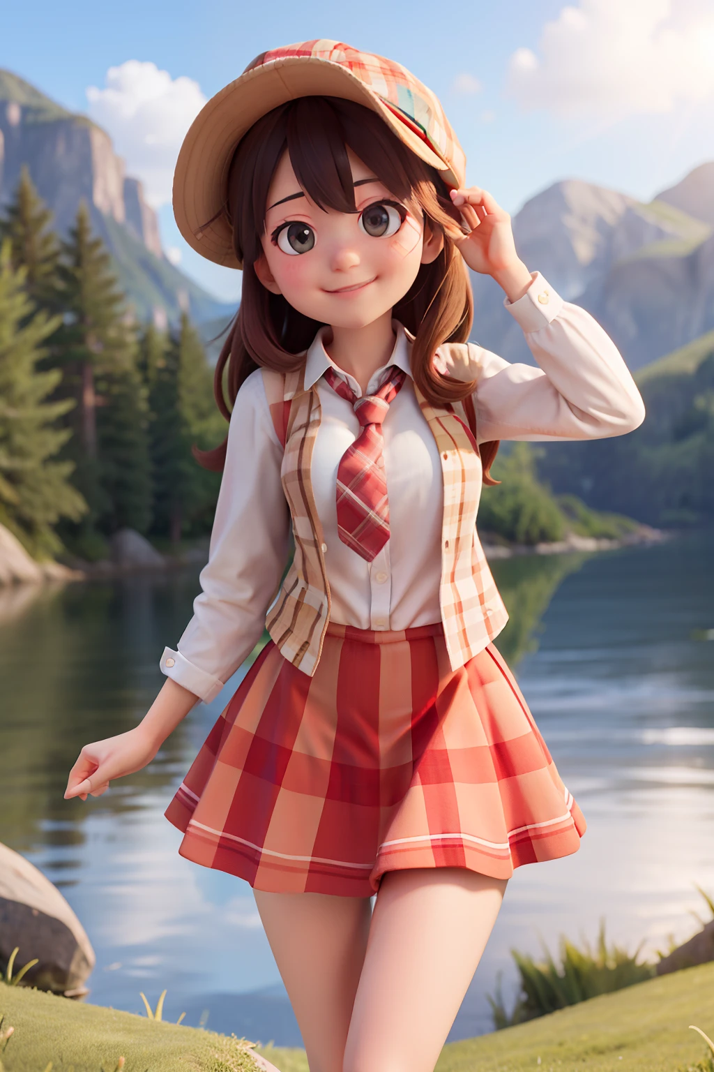 masterpiece, high quality best quality,1girl, bangs, beach, blue_sky, blush, bow, breasts, checkered, checkered_shirt, checkered_skirt, cloud, cloudy_sky, collarbone, day, envelope, giving, grass, hair_bow, heart, holding, holding_letter, horizon, incoming_gift, kazami_yuuka, leaning_forward, lens_flare, letter, light_rays, long_hair, looking_at_viewer, love_letter, mountain, mountainous_horizon, ocean, outdoors, plaid, plaid_background, plaid_bikini, plaid_bow, plaid_bowtie, plaid_bra, plaid_dress, plaid_headwear, plaid_jacket, plaid_legwear, plaid_necktie, plaid_neckwear, plaid_panties, plaid_pants, plaid_ribbon, plaid_scarf, plaid_shirt, plaid_skirt, plaid_vest, pov, shirt, skirt, sky, smile, solo, sun, sunbeam, sunlight, tree, unmoving_pattern
